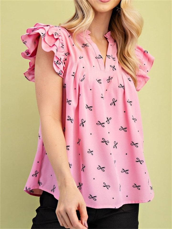 Women's Sweet Style Bow Tie Print V Neck Ruffled Sleeve Shirts