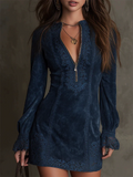 ‌Women's Sexy Zip Up Embroidered Lace Trim Mini Dress