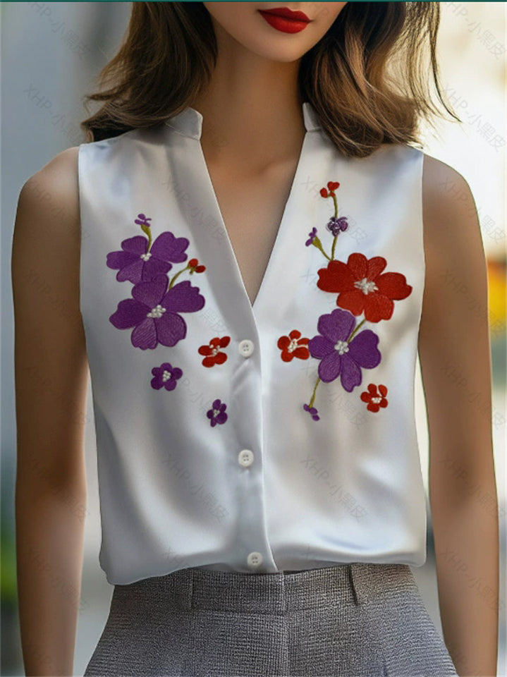 Ladies' Elegant White Flowers Printed Satin V Neck Sleeveless Blouses