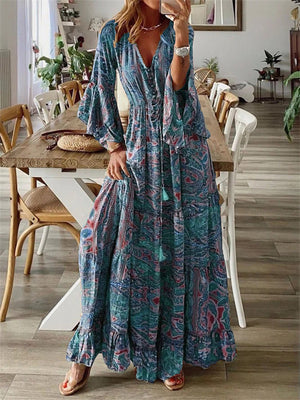 Women's Bohemian Style Flare Sleeve Printed Long Dress