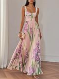 ‌Women's Summer Elegant Floral Print Pleated Square Neck Maxi Dress‌