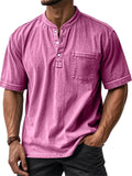 Men's Distressed Solid Color Quarter Button Pocket Round Neck Shirts