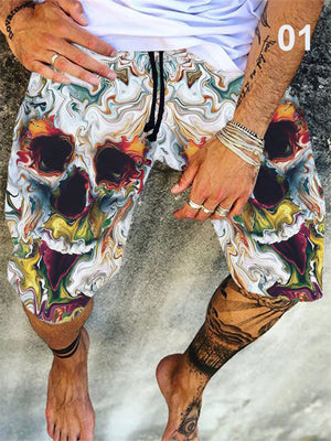 Men's Trendy Skull Print Drawstring Loose Shorts