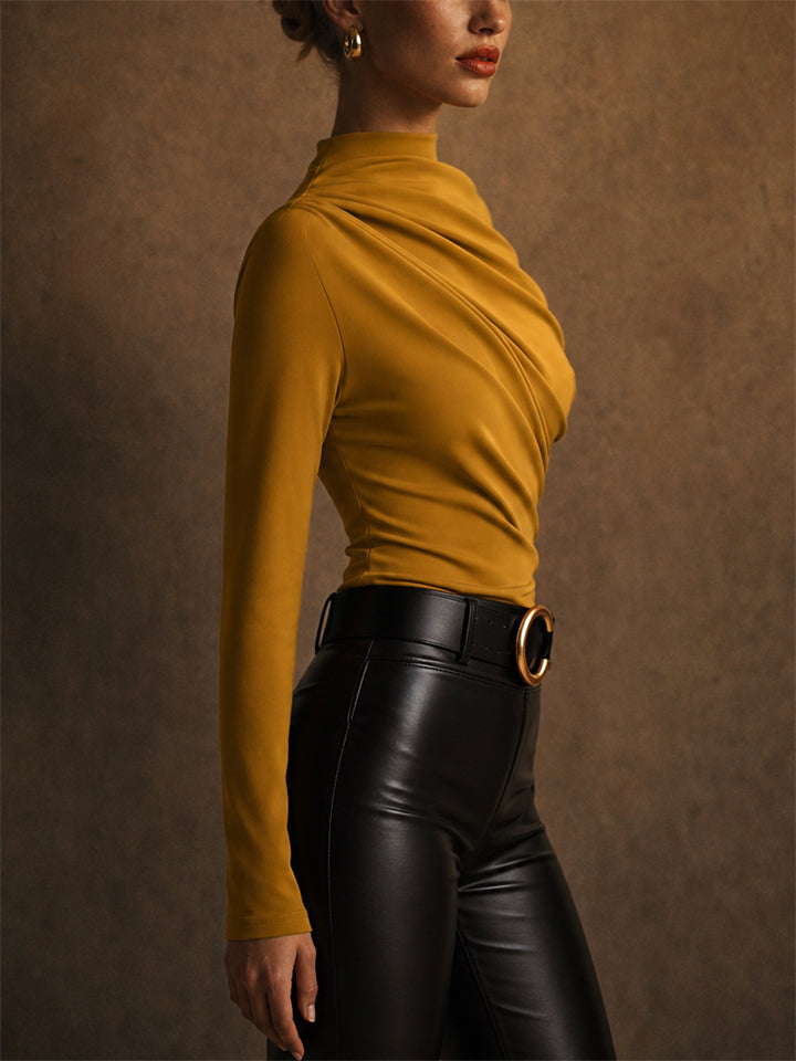 Womens Elegant Mock Neck Ruched Draped Long Sleeve Slim Top