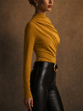 Womens Elegant Mock Neck Ruched Draped Long Sleeve Slim Top