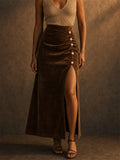 Women's High Waist Faux Suede Side Slit Skirt