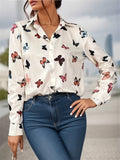 Women's Retro Butterfly Print Lapel Long Sleeve Blouses