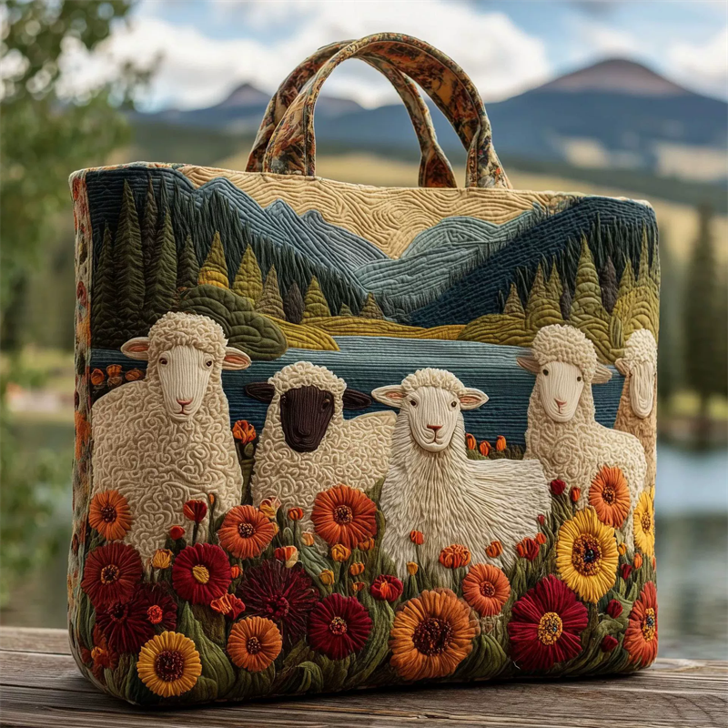 Sheep Floral Landscape Pattern Quilted Tote Bag