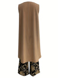 Women's Sleeveless Irregular Hem Camel Shirt + Ethnic Print Pants