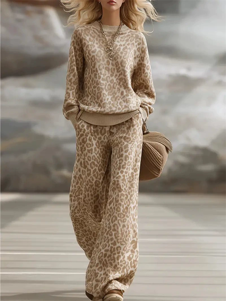 ‌Women's Autumn Retro Leopard Print Grunge Style Casual Sweatshirts and Pants Set‌