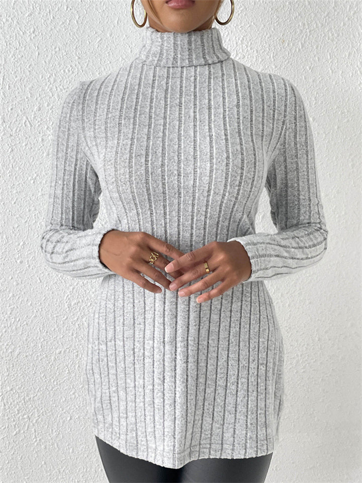 Women's Solid Color Pit Stripe High Neck Slim Fit Split Long-sleeved Sweaters