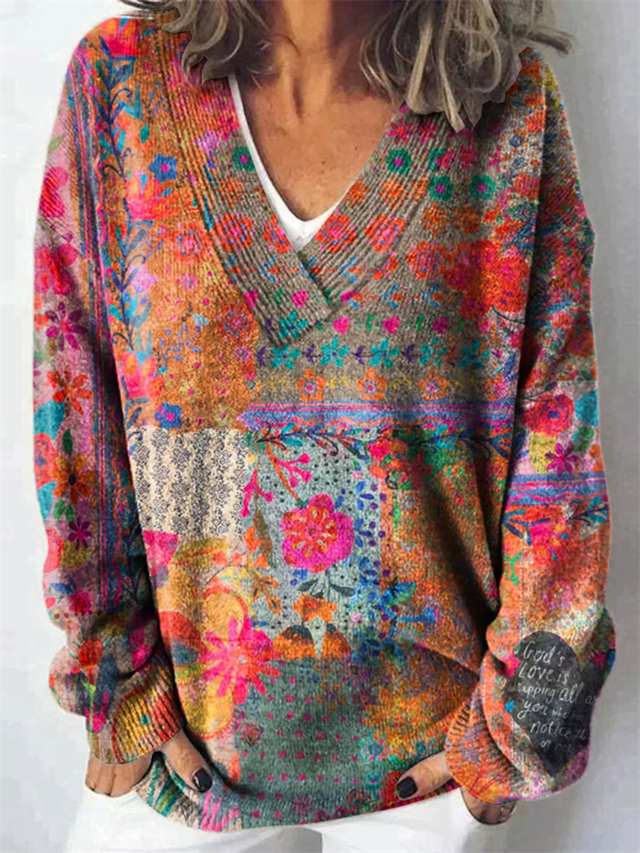 Women's Autumn Flowers Print Pullover V Neck Long Sleeve Sweaters