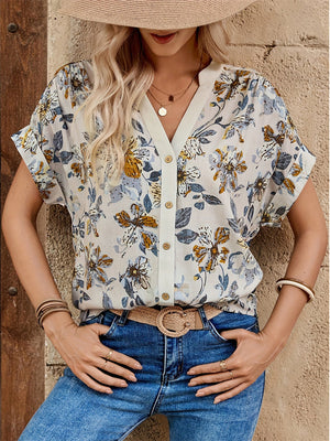 Women's Summer Flowers Print V Neck Buttons Pullover Blouses