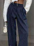 Women's Navy Blue Stripe Mid-Rise Straight Office Wide Leg Pants