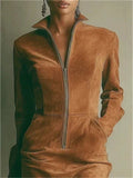 ‌Women's Vintage Brown Faux Suede Zipper Mini Dress