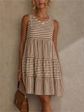 Women's Summer Boho Striped Sleeveless Tiered Mini Beach Sundress
