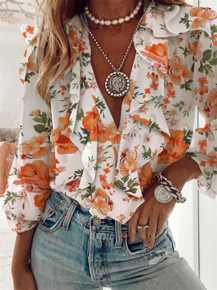 Women's Vintage Printed V Neck Ruffle Elegant Chiffon Shirt