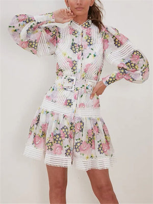 Retro Puff Sleeve Waistband Lace Hem Dress for Women