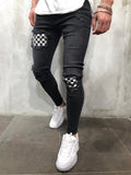 Male Casual Ripped Black White Plaid Patchwork Jeans