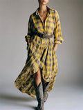 ‌Women‌'s Trendy Plaid Belted Asymmetric Maxi Shirt Dress