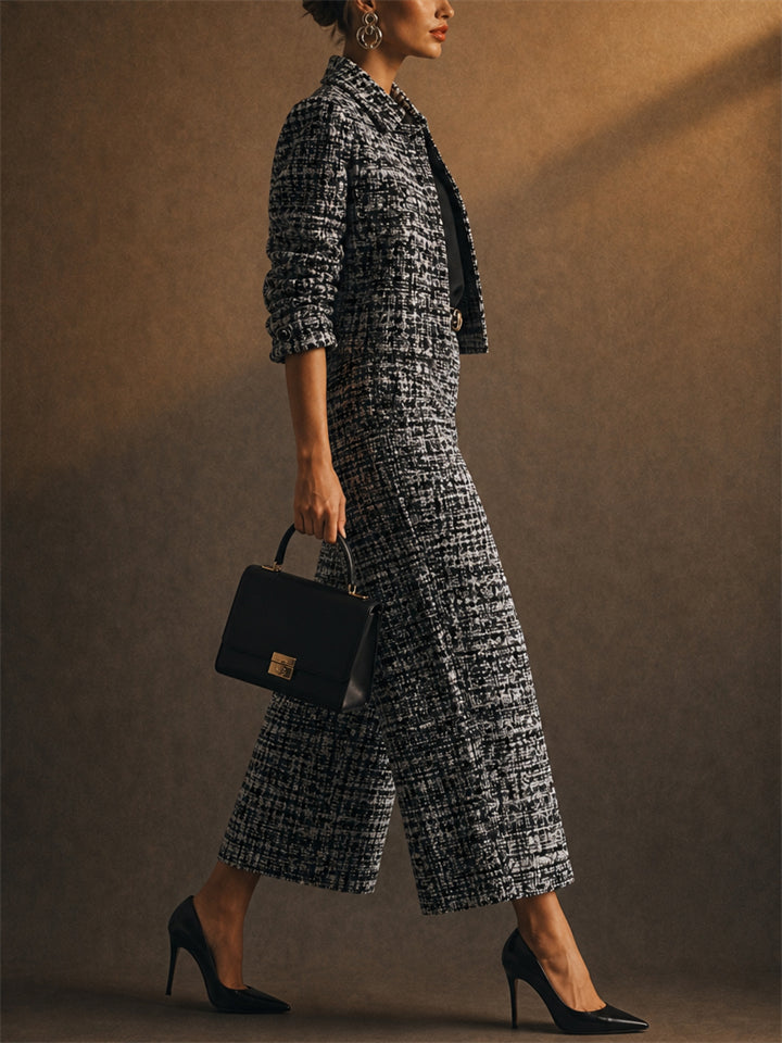 Women 2 Piece Chic Tweed Plaid Cropped Jacket Wide Leg Pants Set