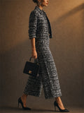 Women 2 Piece Chic Tweed Plaid Cropped Jacket Wide Leg Pants Set
