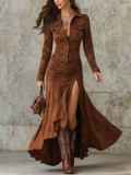 ‌Elegant Faux Suede Buttoned Pullover Knee Length Slit Dress for Women‌