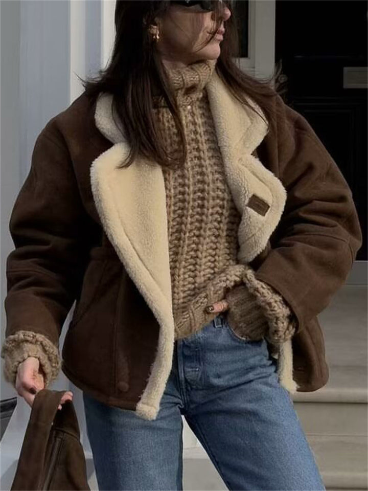 Women's Trendy Winter Solid Single Breasted Fleeced Lapel Coats