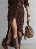 ‌Women's Vintage Brown Sexy Velvet Buttons Pullover Split Dress