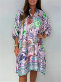 Women's V Neck Trendy Flowers Printed 3/4 Sleeve Dress