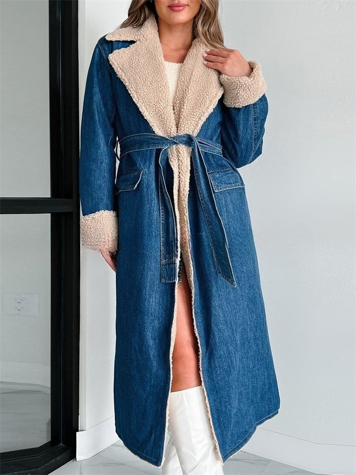Trendy Long Fuzzy Coat for Women with Denim Sleeves and Faux Fur Lining