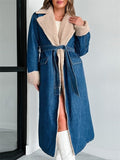Trendy Long Fuzzy Coat for Women with Denim Sleeves and Faux Fur Lining