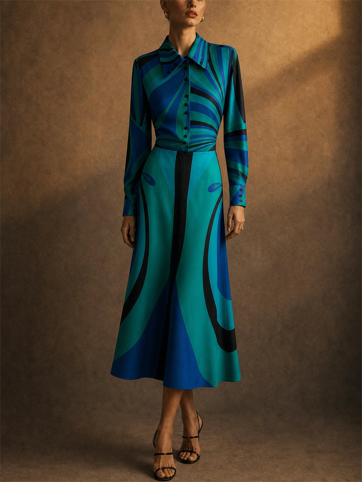 Women Teal Abstract Geometric Print Long Sleeve Shirt and Wide Leg Pants Set
