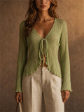 Women Sage Green Beige Plisse Tie Front Long Sleeve Cardigan Top