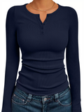 Women's Solid Color Striped Buttons Pullover Slim-fit Long Sleeve Shirts