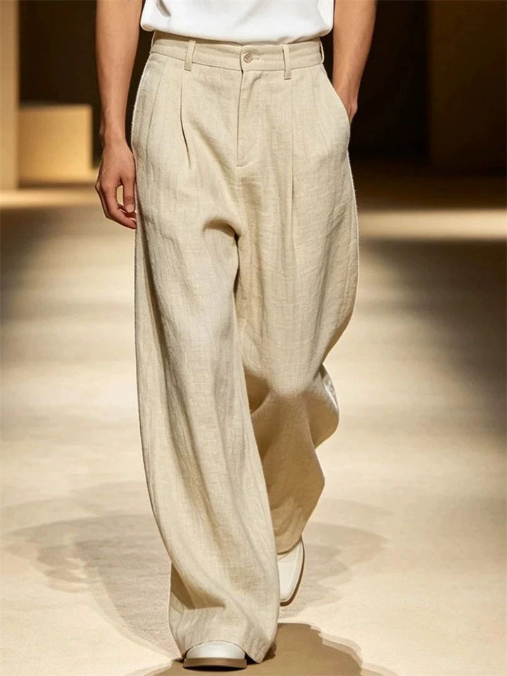 Mens Old Money Style High Waisted Pleated Wide Leg Relaxed Trousers