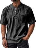 Men's Distressed Solid Color Quarter Button Pocket Round Neck Shirts