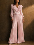 Women Satin Pleated Wide Leg High Waist Palazzo Pants