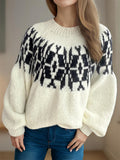 Women's Retro Jacquard Contrast Color Round Neck Long Sleeve Sweater