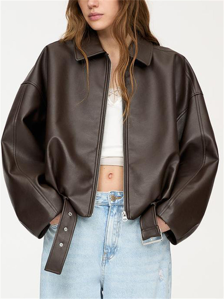 Women's Trendy Solid Color Zip Up Lapel Faux Leather Bomber Jackets