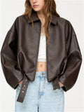 Women's Trendy Solid Color Zip Up Lapel Faux Leather Bomber Jackets