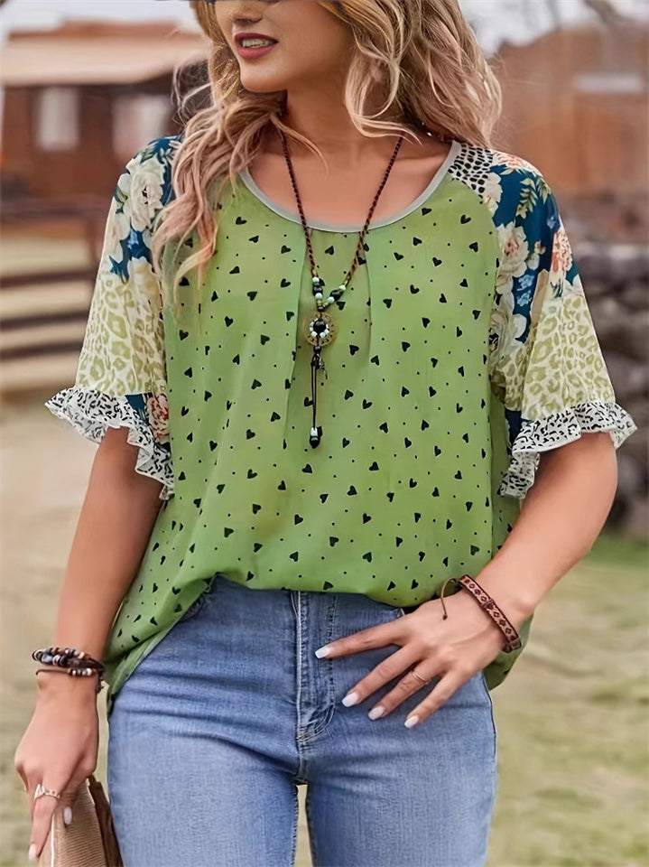 Women's Summer Tiny Heart Print Patchwork Short Sleeve Shirts
