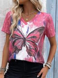 Women's Summer V-neck Butterfly Printed Contrast Color Short-sleeved T-shirts