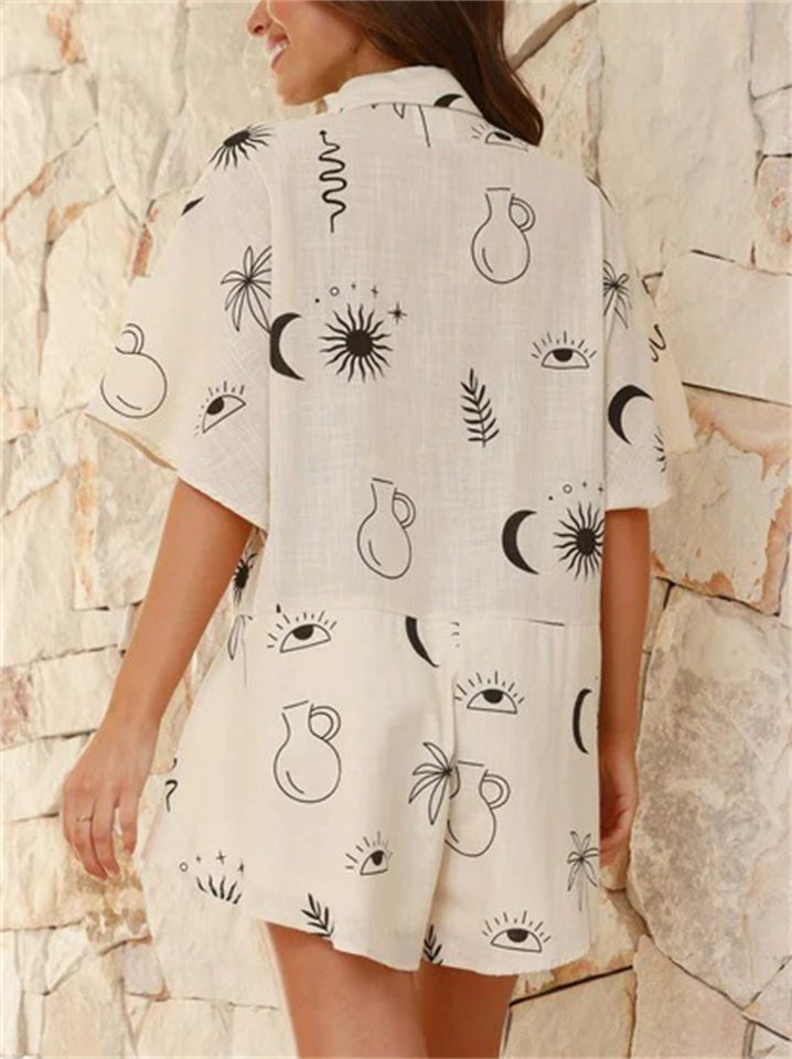 Women's 2pcs Casual Simple Print Button Up Short Sleeve Top & Pants Set