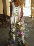 Women's Summer Casual Floral  Printed Pockets Sleeveless Jumpsuits