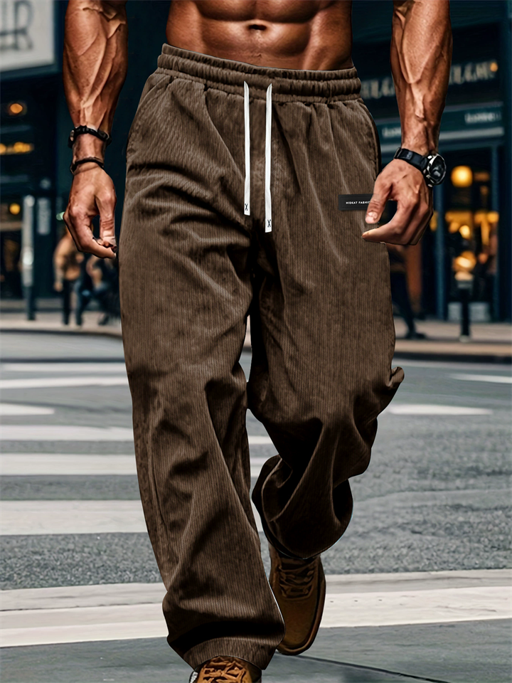 Men's Autumn Corduroy Loose Fit Mid Waist Drawstring Straight Leg Trousers