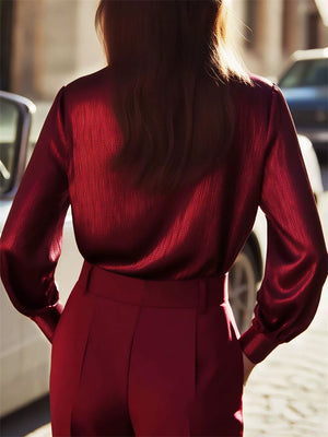 Ladies' Elegant French Style Wine Red Button Up Lapel Long Sleeve Blouses