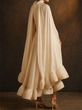 Women Fashion Cape Sleeve Pleated Ruffle Evening Maxi Gown Dress