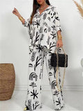 Women's 2Pcs Casual Holiday Style Printed Asymmetric Hem Top & Wide Leg Pants Set