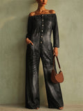 Women Off Shoulder Button Up Wide Leg 3/4 Sleeve Jumpsuit